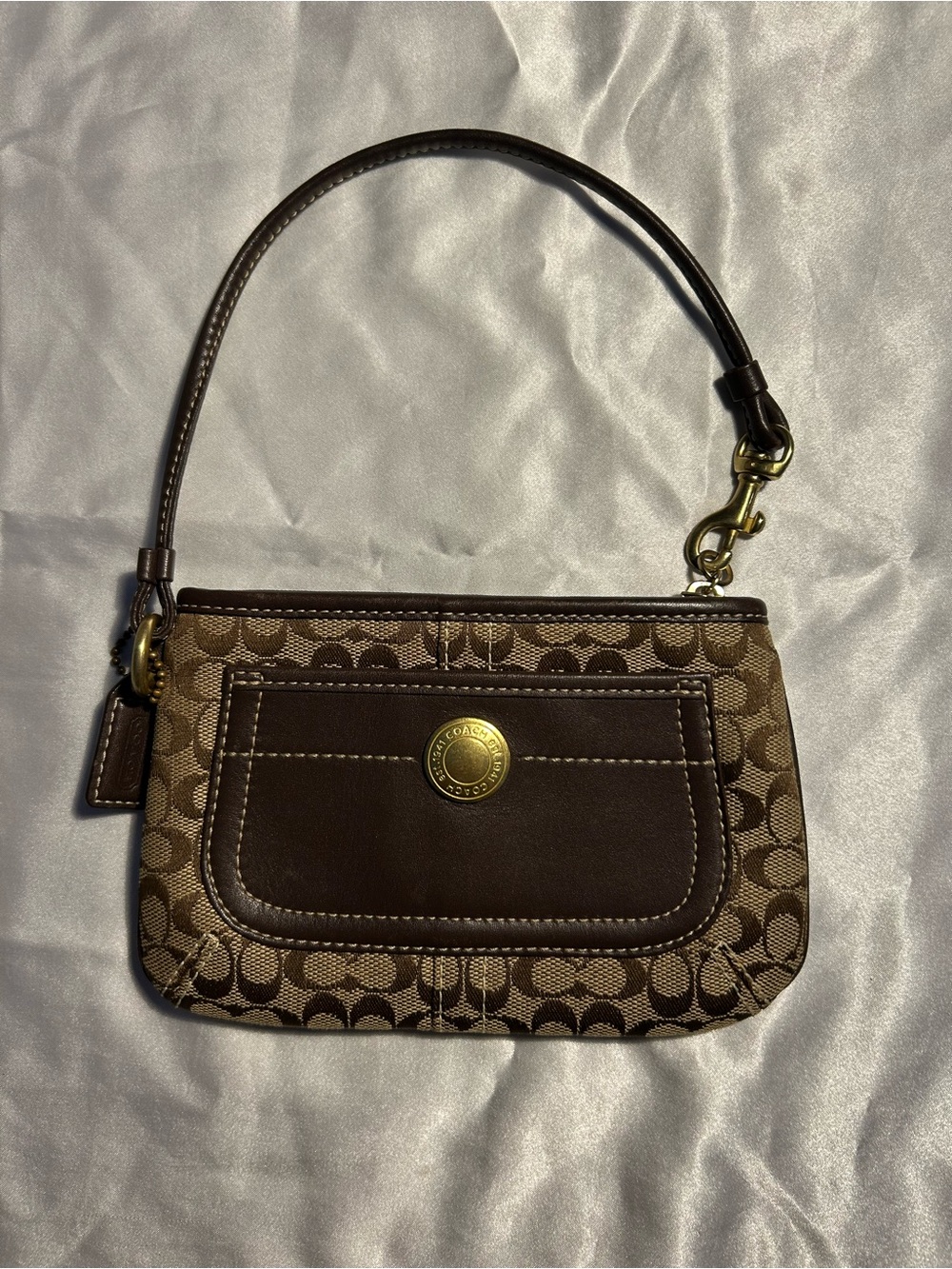 Coach Brown Signature Canvas Mini Wristlet with Dark Brown Leather Trim